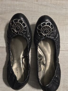 Tahari Black Leather Ballet Flats with Floral Metal Emblem